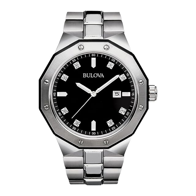 Bulova Mens Classic Stainless Steel 3-Hand Date Quartz Watch with Diamonds and Day Date 44mm