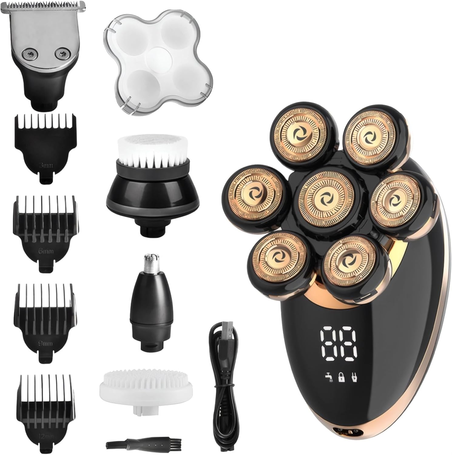 7-Head Electric Head Shaver for Men, 5-in-1 Grooming Kit, Digital Display, 360° Floating Head, Bald Head Shaver, Includes Trimmer, Cleansing Brush, and 7 Accessories
