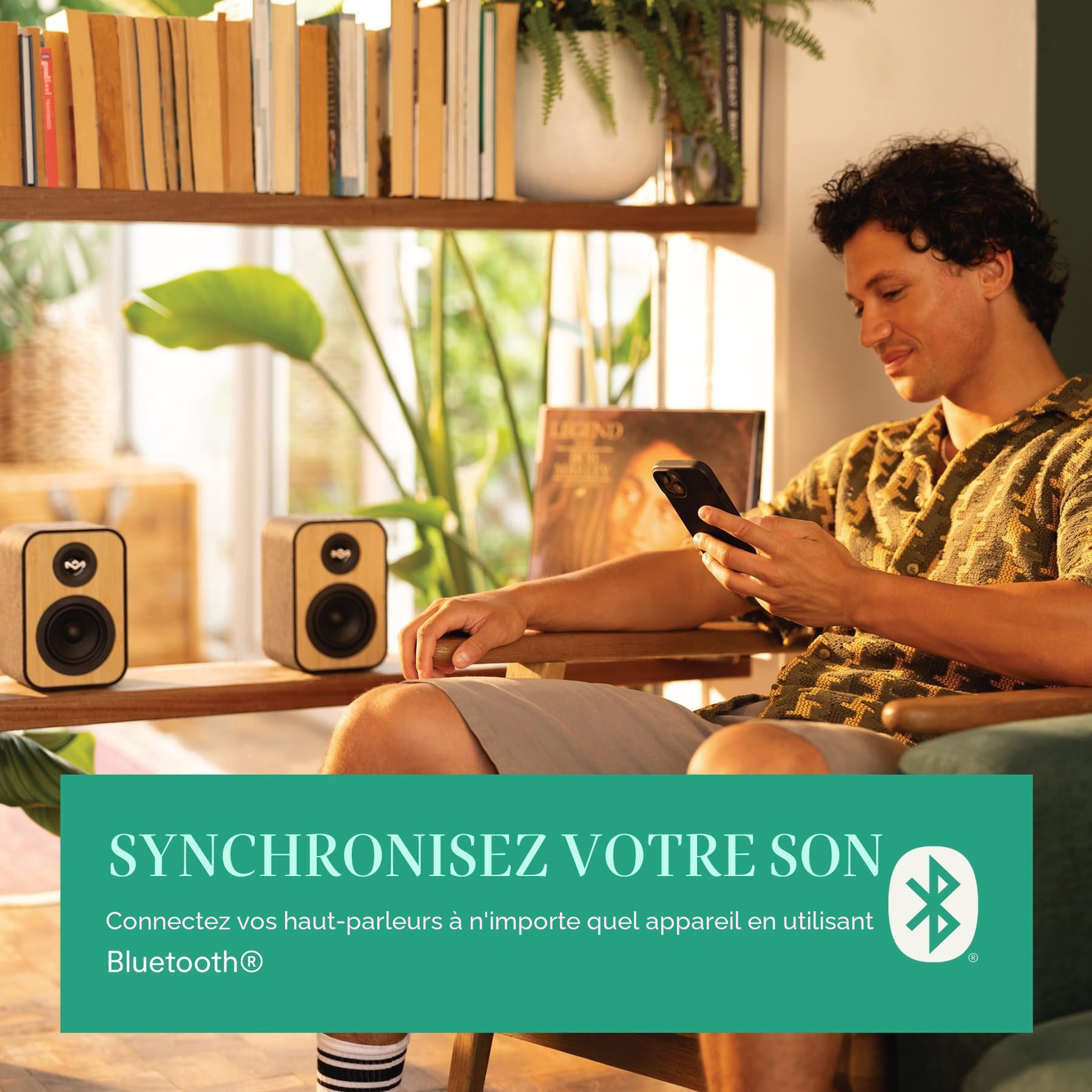 Enceintes Bibliothèque House of Marley Uplift - Bluetooth avec Entrée AUX & Câble RCA, Compatibles Smartphone, Platine Vinyle - Enceintes Actives HiFi, Conception Durable