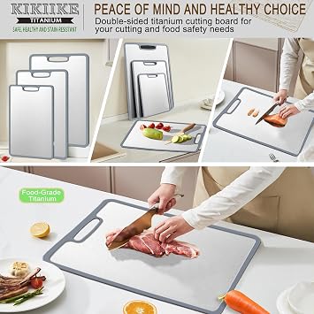 Titanium Cutting Board Set of 3, Double-sided non-slip edging Pure Titanium Chopping Board for Kitchen - Safety and slip resistance Hand Guard Durable and easy to clean (3-Piece S/M/L)