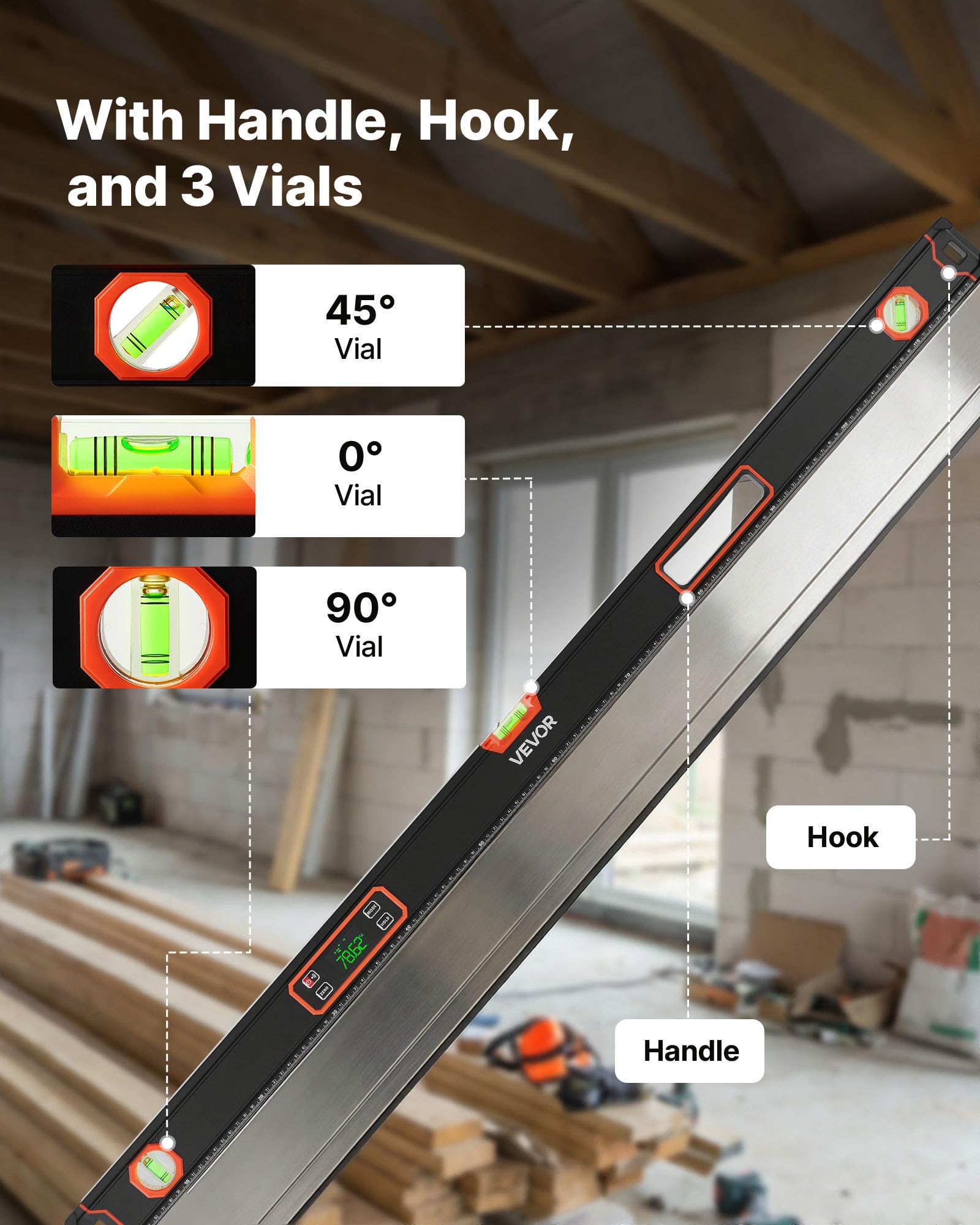 VEVOR Livella Digitale 1200 mm, Inclinometro Elettronica Magnetica ad Alta Precisione con Display LED Retroilluminato, Misurazione a 360°, Fiale a Bolla a 0°/45°/90°, IP54 per Edilizia e Falegnameria