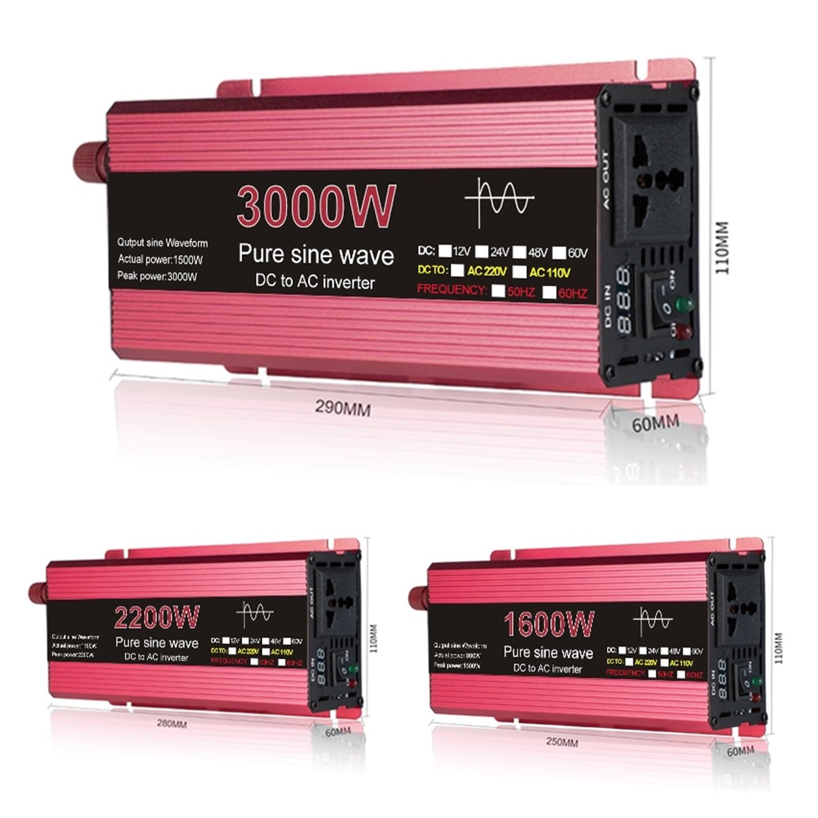 Czysta Fala Sinusoidalna Przetwornica 3000W 2200W 1600W 1000W Napięcie DC 12V 24V Do AC Transformator Konwerter Mocy Falownik Słoneczny(3000W,12V)