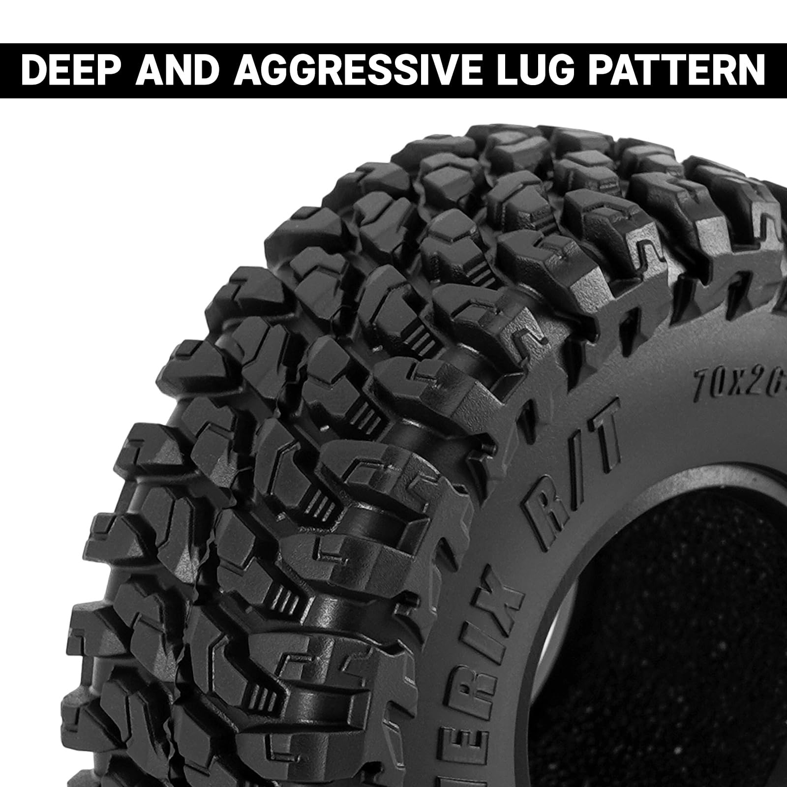 INJORA 1.3" MAVERIX R/T Tires 70 * 26mm for TRX4M SCX24 1/18 1/24 RC Crawlers (T1325), Black, 70mm x 26mm - Image 4