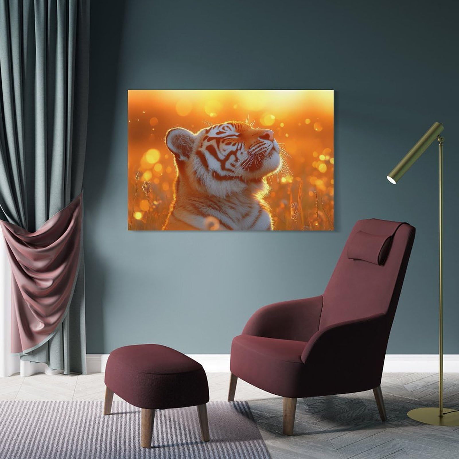 Junmoney Tiger in Golden Sunlight Canvas Wall Decor, 08x12inch(20x30cm), for Home Lounge, Bedroom Or Reading Nook, Modern Wall Decor for Cosy Interiors
