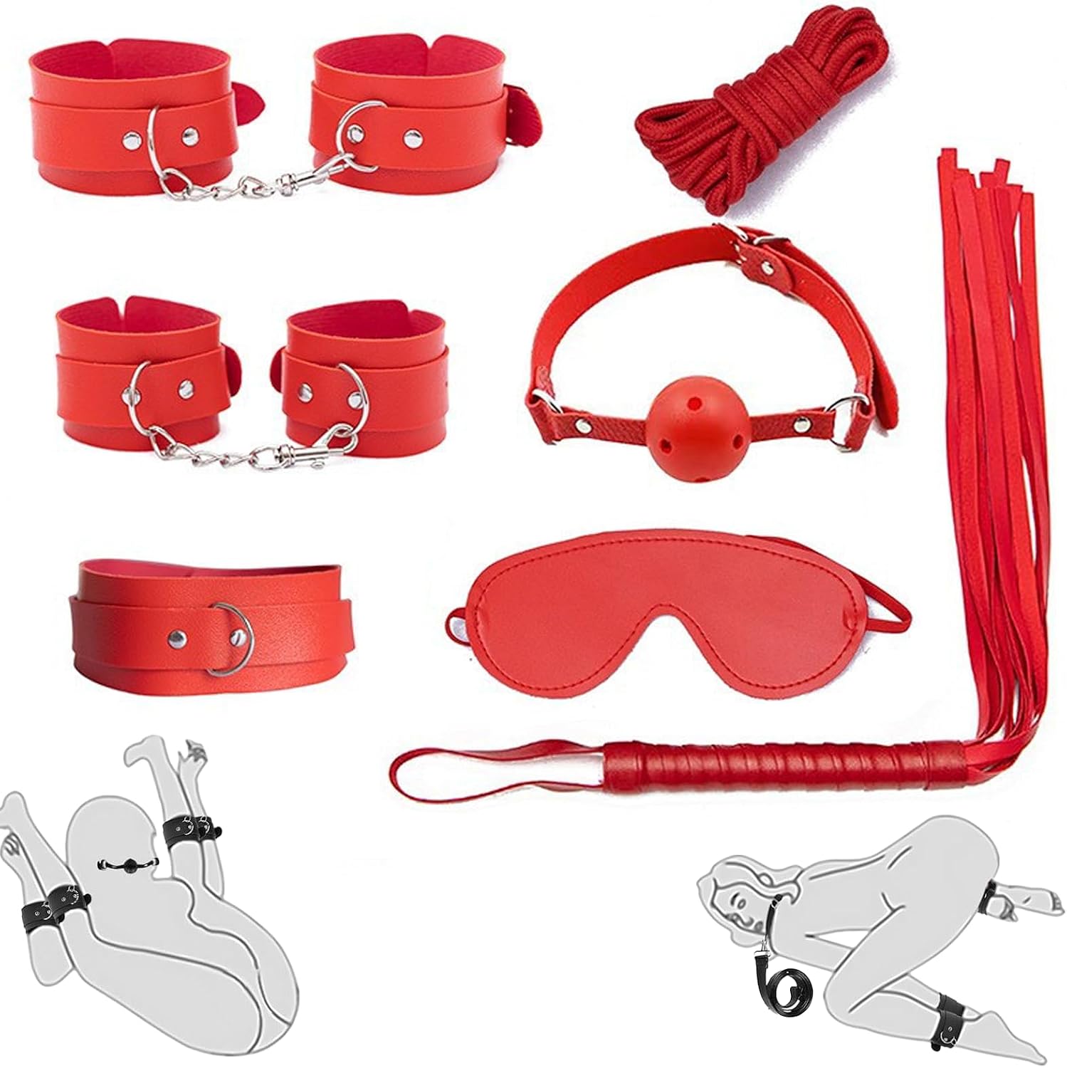 Sex Bondage Kits, BDSM Restraint Toys 7 Pcs, Handcuffs, Ankle, Cuffs, Clamps, Ball Gag, Blindfold, Rope, Leather, Restraints Set, SM Beginner Role Play Toy, BDSM Kits (Red-7PCS)