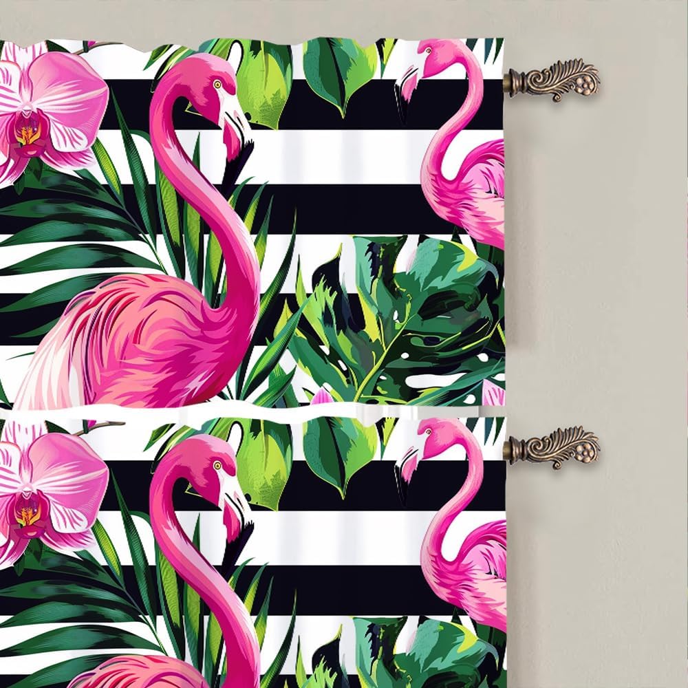 2 Panels Floral Flamingos Curtain Valance for Windows, Abstract Palm Leaf Art Rod Pocket Short Window Treatment Decor Drapes for Kitchen, Bathroom, 54" X 18"
