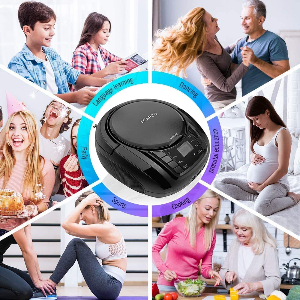 Lettore CD Portatile LONPOO Boombox Stereo Bluetooth con Altoparlanti Integrati, Ingresso USB, AUX, Uscita Cuffie (Black)