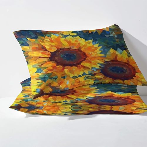 Miniatura 10 de Juego de sábanas de girasol tamaño Queen, color azul planta, sábanas y fundas de almohada estampadas de 4 piezas, sábana bajera ajustable de