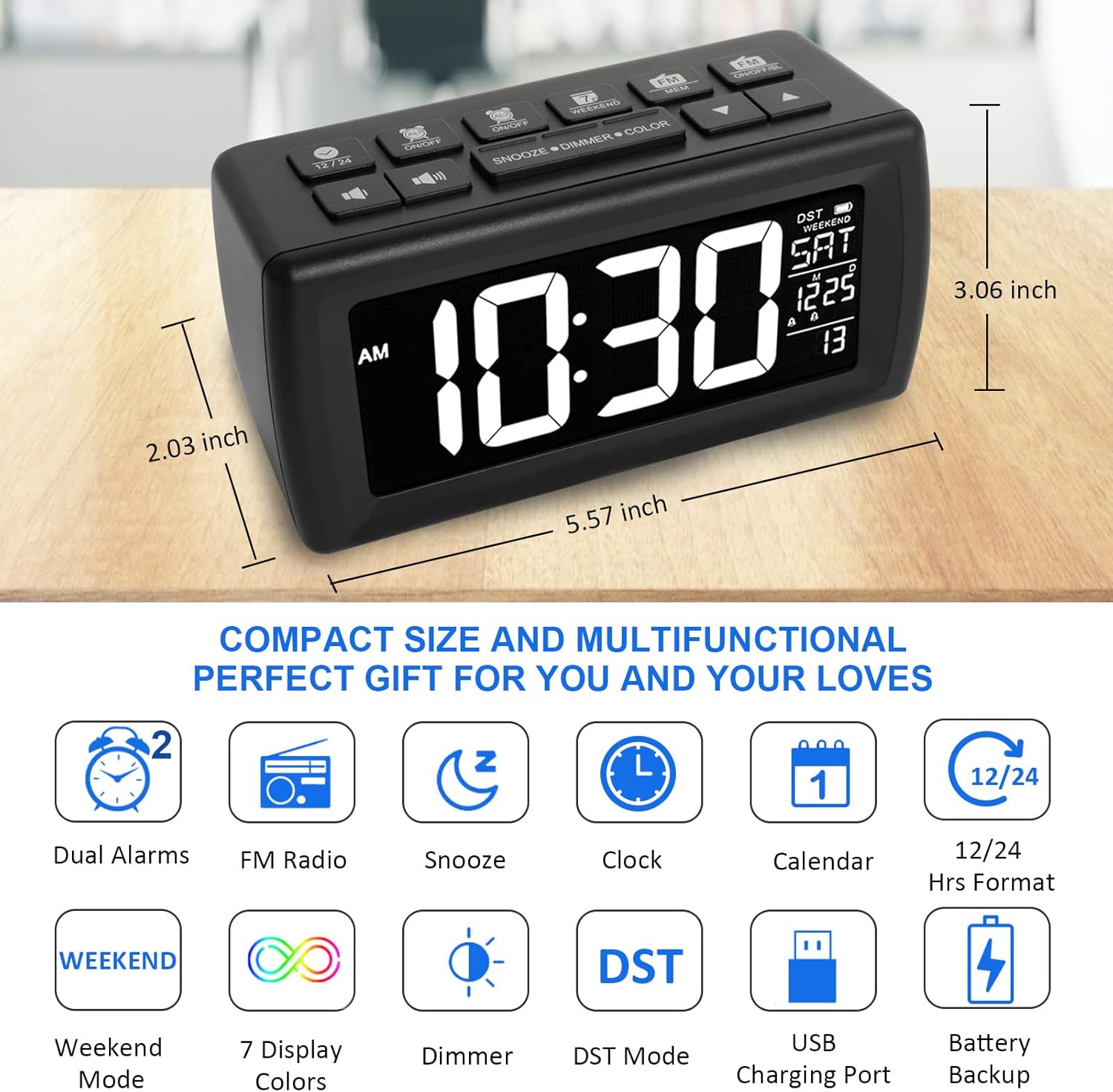 AZUTTA Digital Alarm Clock Radio showing its compact size and various features represented by icons.