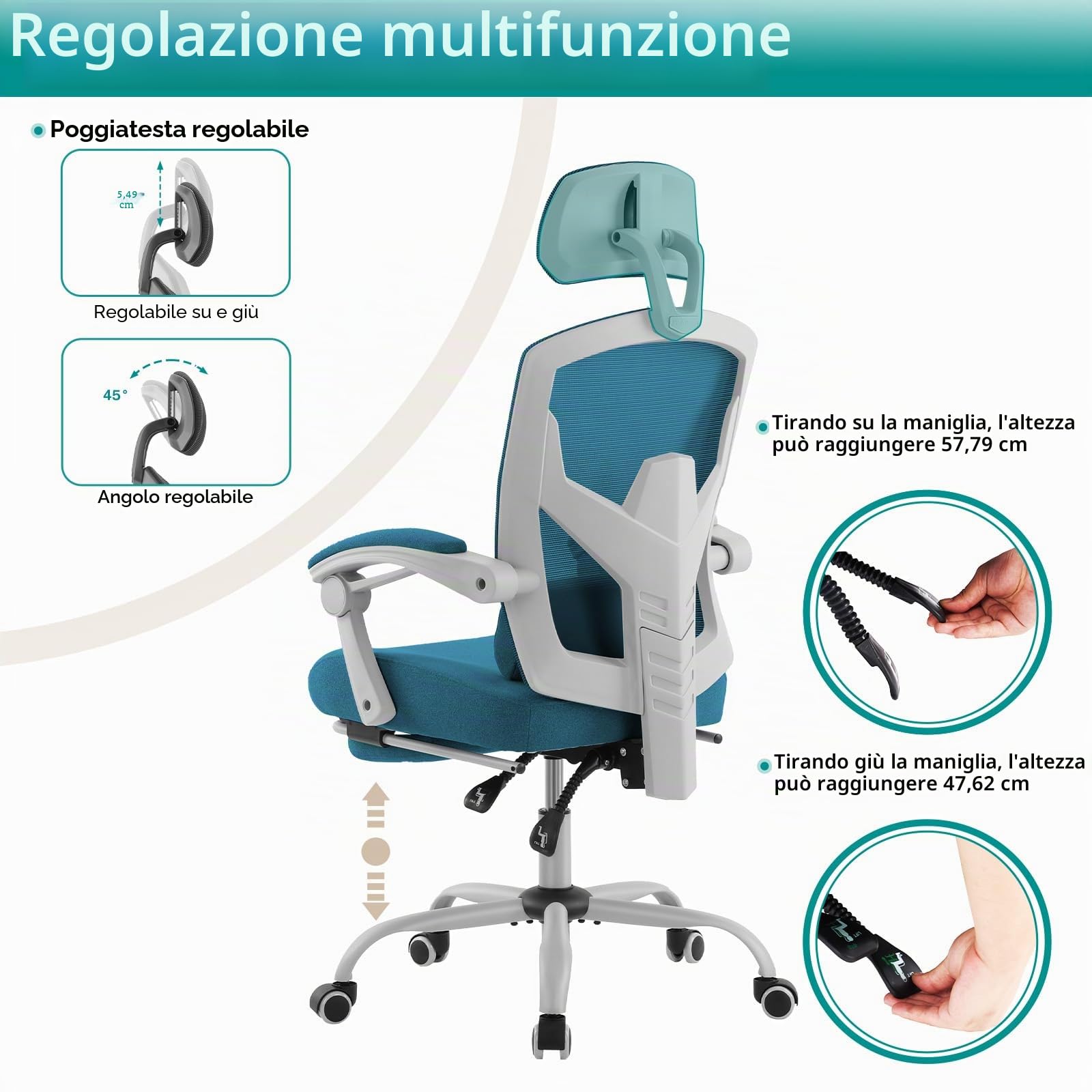 DUMOS Sedia da gaming, sedia da gioco per adulti, reclinabile, ergonomica, con poggiapiedi, sedia da scrivania per computer in rete, sedia per videogiochi con supporto lombare, poggiatesta, braccioli