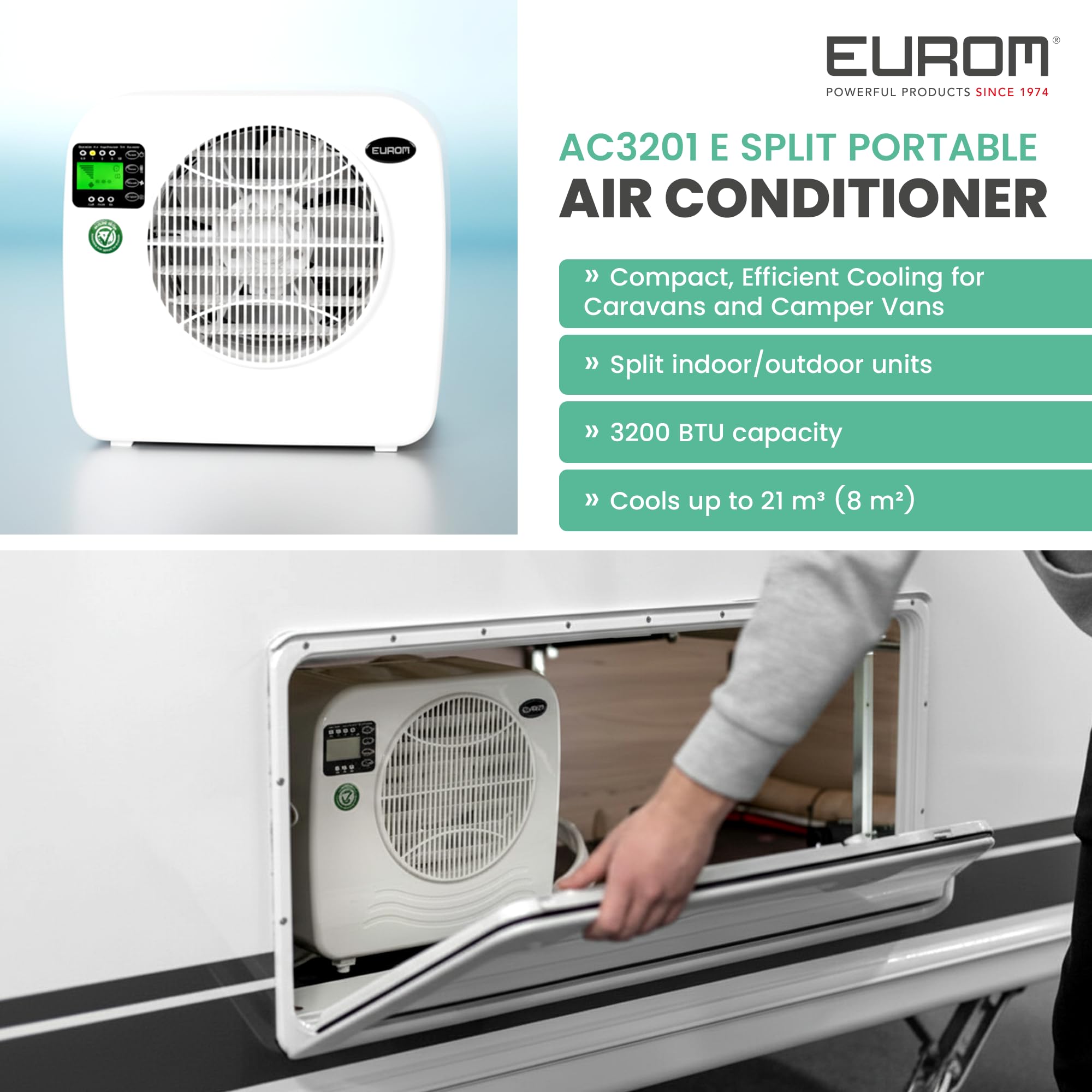 EUROM Split Klimaanlage AC2401 für Wohnwagen, Wohnmobil, Camping, Boot, Bus, Camper, Caravan, Mobilheim | Mobiles Klimagerät mit 2400 BTU | Verbessertes Modell dem legendären Klima AC2400