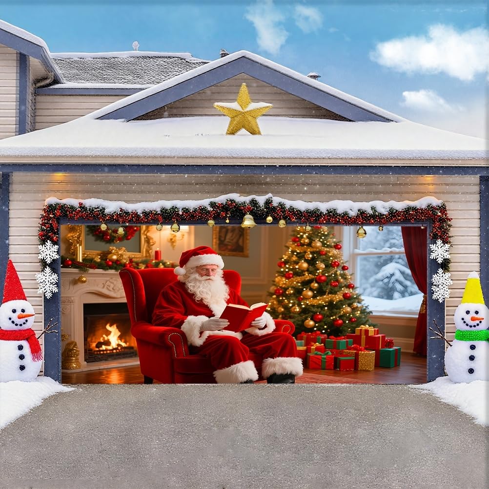 Zfflyh Santa Claus Christmas Garage Door Cover Banner Decoration Large Backdrops Holiday Door Cover Mural For Christmas Decoration For Xmas Eve Holiday Outdoor Wall Decor,,6.5X5ft