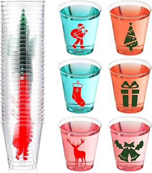 Lallisa 120 Pcs Christmas Plastic Shot Glasses 2oz Clear Disposable Shot Glasses Mini Plastic Drinking Tasting Cups for Xmas Holiday Party Supplies Tasting Serving Coffee Tea Beverage, Red and Green