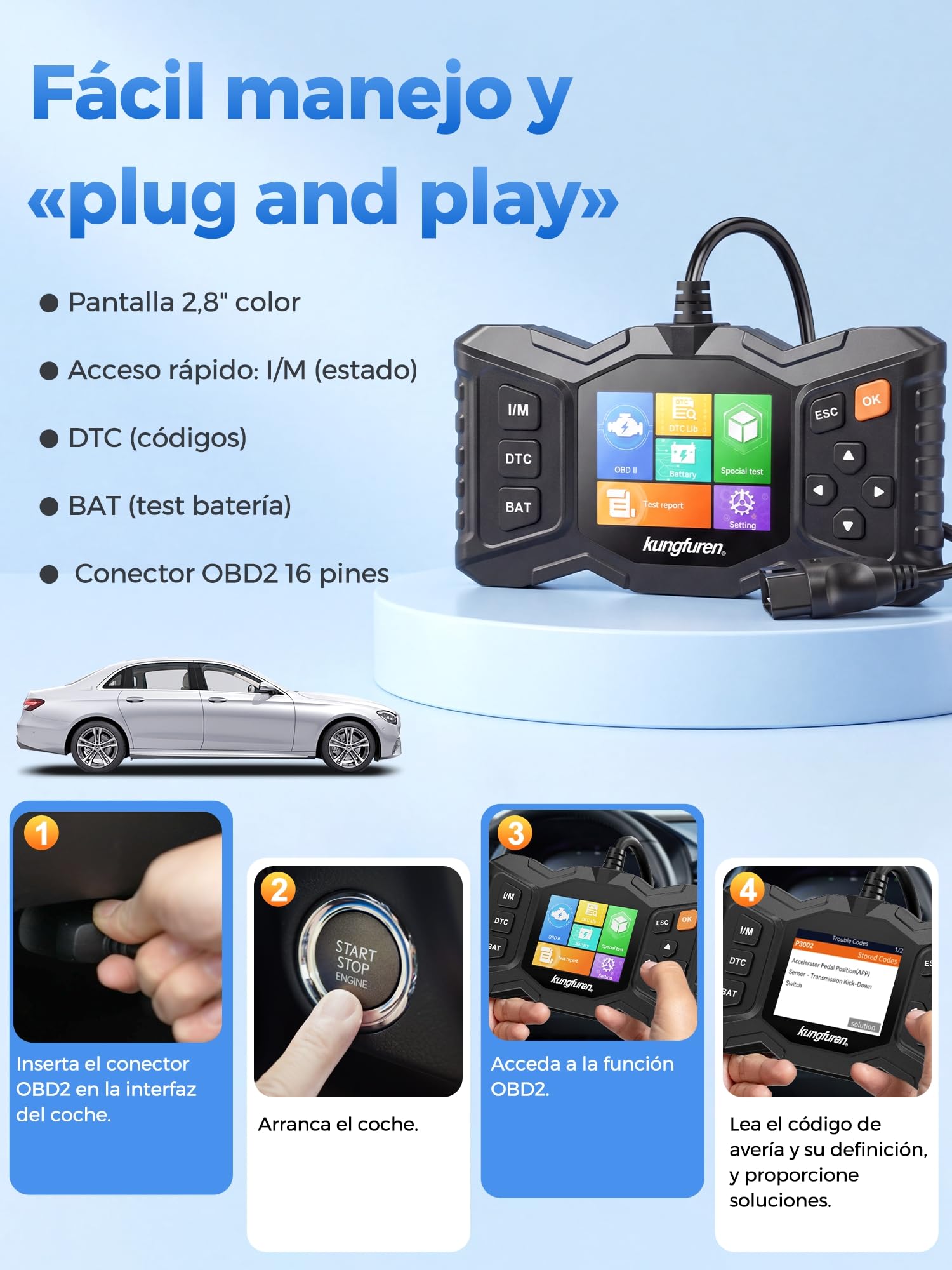 OBD2 Diagnosis Coche Multimarca OBD: Scanner Máquina Coche Diagnóstico Vehículos con Prueba de batería - Español Escaner Lector de Código Fallos Motor Autos OBDII Funciones para BMW Audi Mercedes
