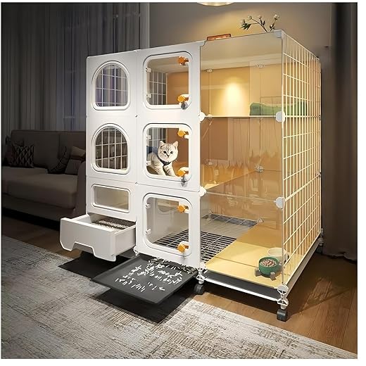 Indoor cat cage with Litter Box, Complimentary Cat Bed, Bow,lcat House with Wheels Outdoor,Large cat Villa Playpen, Small Animal Dog Kennel Three-Tier cat enclosures (42″(L) x18.2″(W) x46.2″(H))