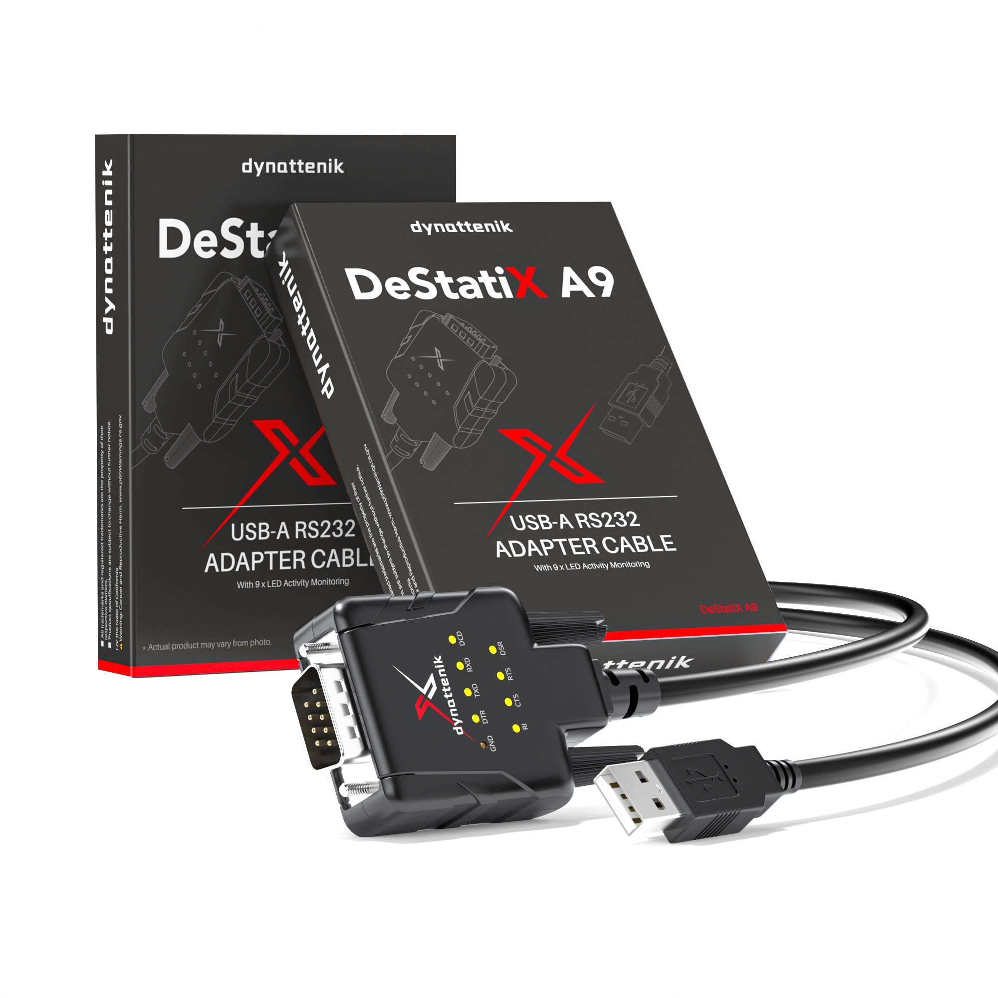 DeStatiX A9 Câble Adaptateur USB-A vers DB9 RS232 avec 9 LED d’Indication, FTDI, Protection ESD, Convertisseur Port COM pour Applications Industrielles, Compatible Windows 11, macOS, Linux