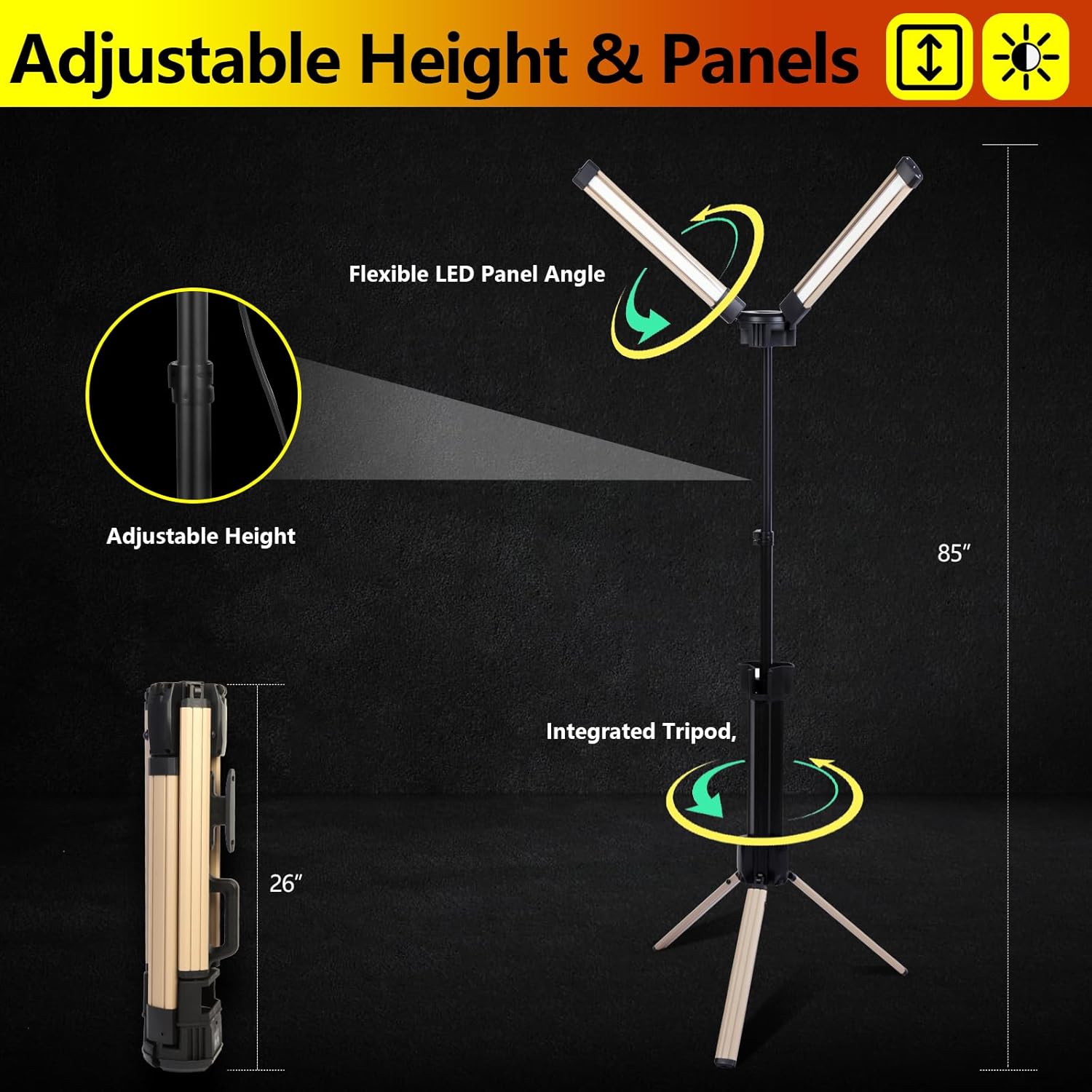 Camping Light with Stand 8000 Lumen, 87’’ Rechargeable Dual Power Source Led Work Light with Stand, Telescopic and Collapsible, IP54 Waterproof, Ideal for Working, Hiking, Camping, 4000/7000K Dimmable