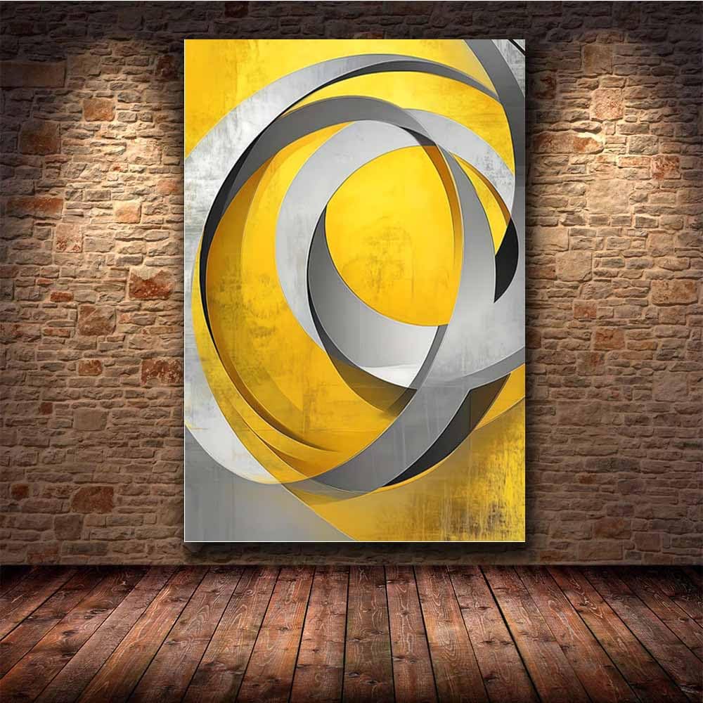 QUSAAOU Wandkunst Gelb Grau Metallische Kreis Ringe Modern Rahmen Wohnzimmer Dekoration Moderne Minimalistische Leinwandbilder FüR Esszimmer KüChe Heimdekoration(Yellow)-30x45cm Gerahmt