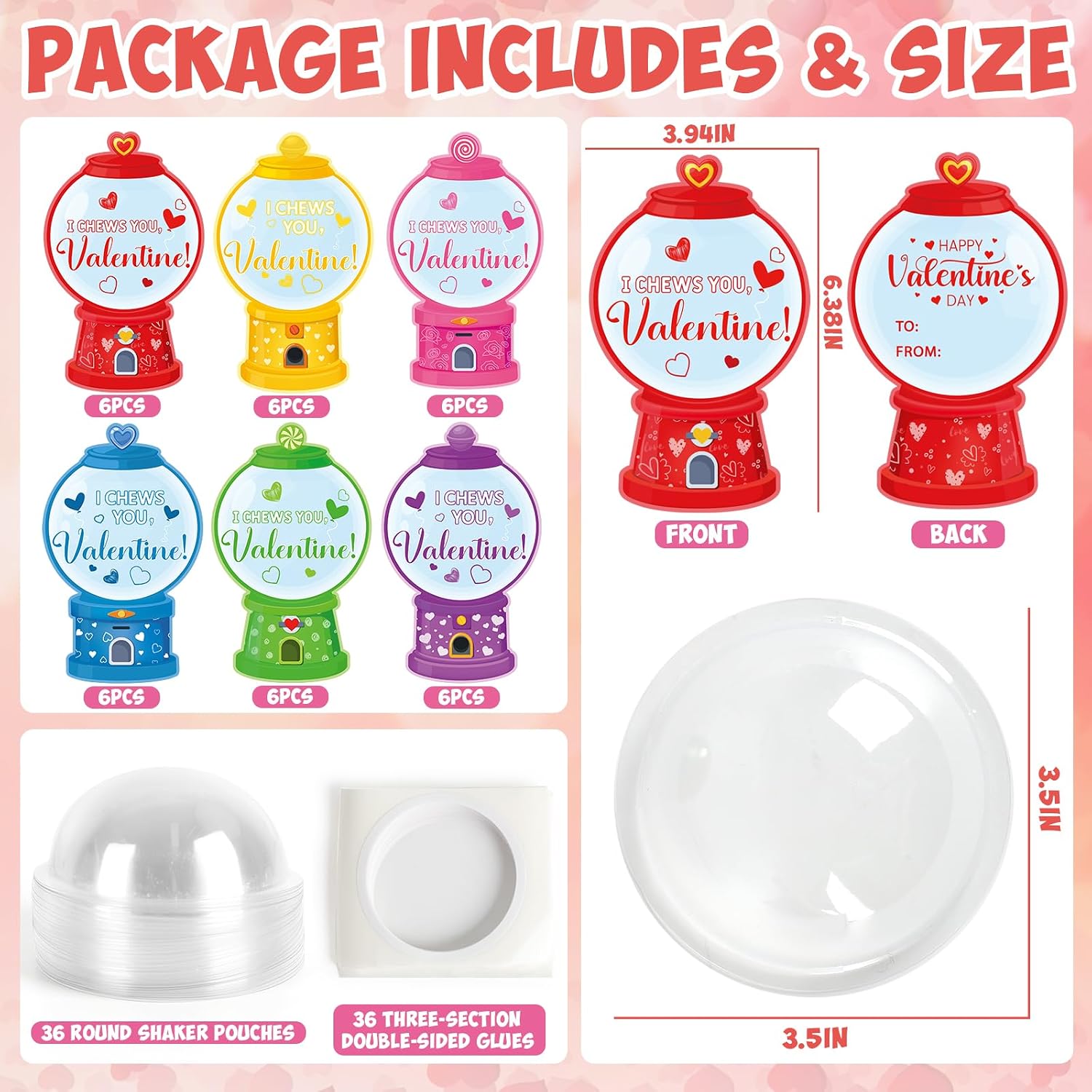 COCHIE 36 Pack Valentines Cards for Kids DIY Valentines Candy Cards with Bubble Gum Machine Design and Round Adhesive Shaker Pouches Classroom Exchange Gifts for Boys Girls School Party Favors