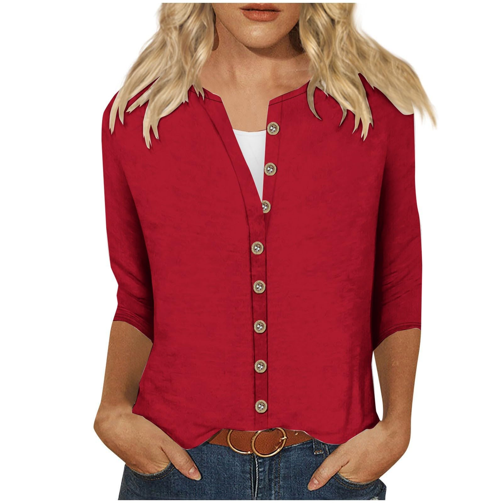 Strickjacke Damen mit Rundhalsausschnitt 3/4 Ärmeln Basic Button Down offene Vorderseite einfarbig locker vielseitig als Tunika Bluse Übergangsjacke Cardigan