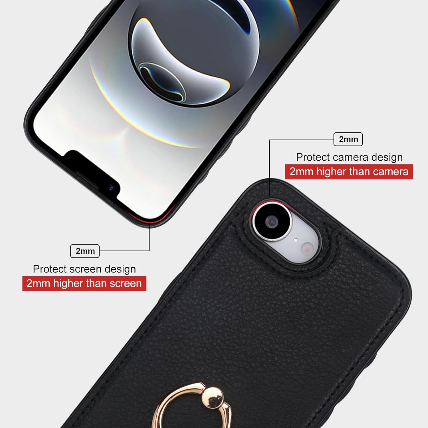 Folosu Compatible with iPhone 17e 16e Case Wallet with Card Holder, 360°Rotation Finger Ring Holder Kickstand, RFID Blocking Leather Protective Double Buttons Shockproof Cover 6.1 Inch Black