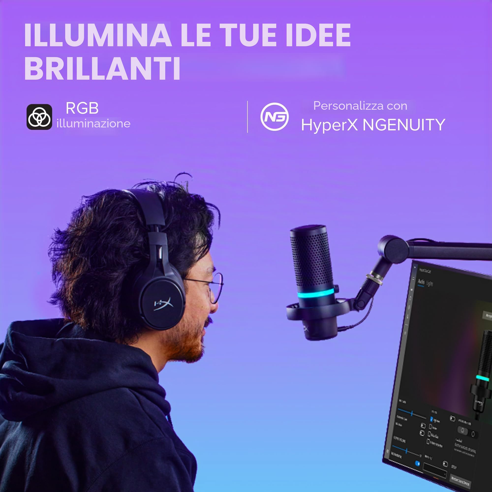 HyperX DuoCast, Microfono da gaming, USB a condensatore, Illuminazione RGB, ShockMount, Cardioide, Omnidirezionale, FiltroPop, Streaming, Podcast, Twitch, YouTube, Discord, per PC, PS5, PS4, Mac, Nero