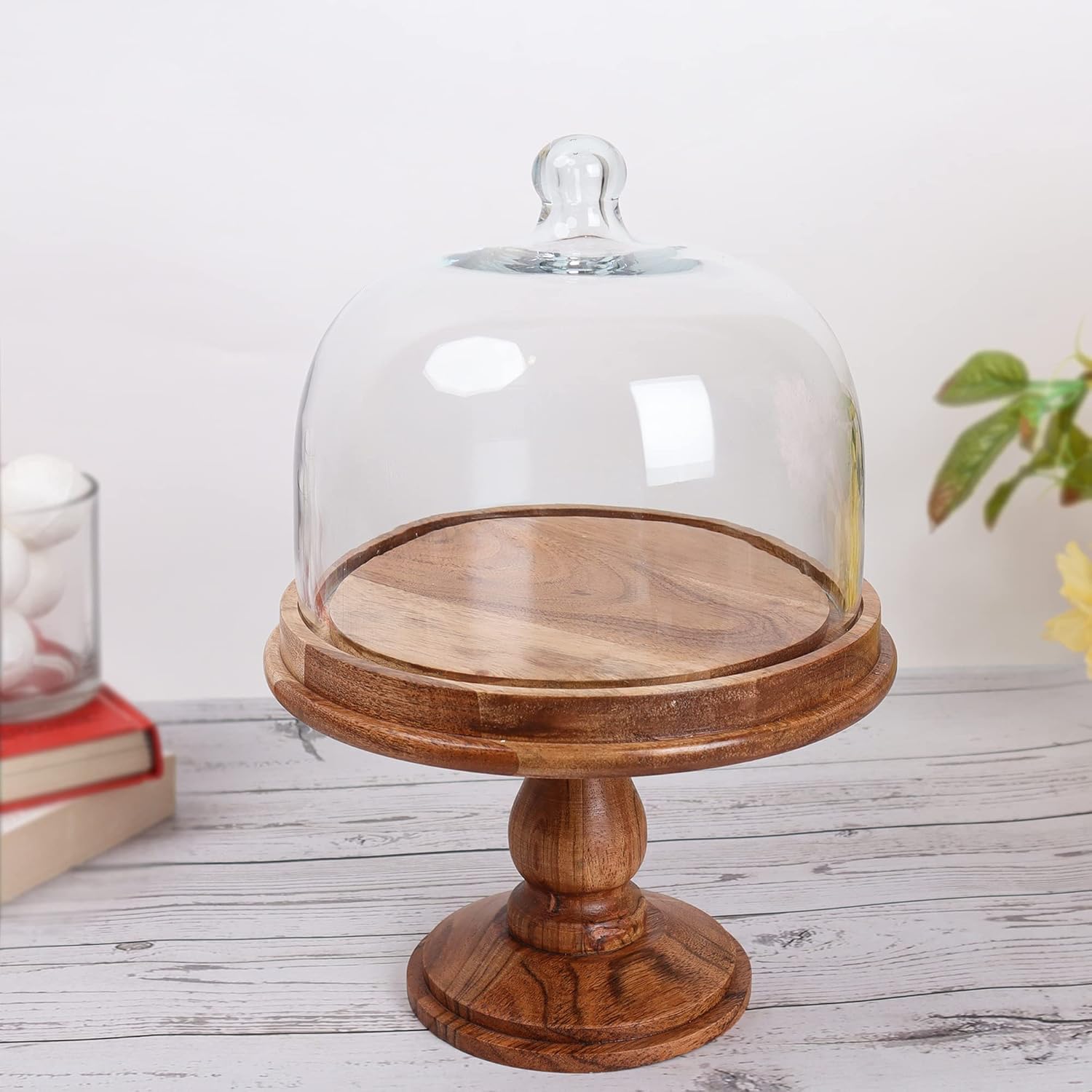 Kraftyhome Rustic Wood Cake Stand with Cloche Dome Cupcake Stand