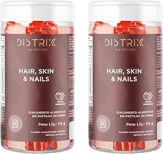 Kit 2 Unidades Gomas DISTRIX Cabelo Pele Unhas - Biotina Ácido Hialurônico Vitaminas Premium Tratamento Completo 60 Doses Pack Economia Sabor Frutas Vermelhas