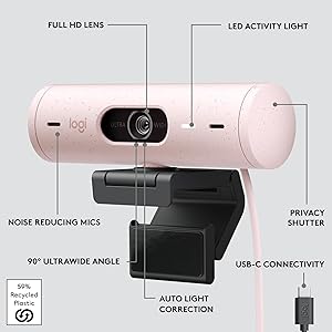 Logitech Brio 500 Full HD Webcam with Auto Light Correction,Show Mode, Dual Noise Reduction Mics, Webcam Privacy Cover, Works with Microsoft Teams, Google Meet, Zoom, USB-C Cable - Rose
