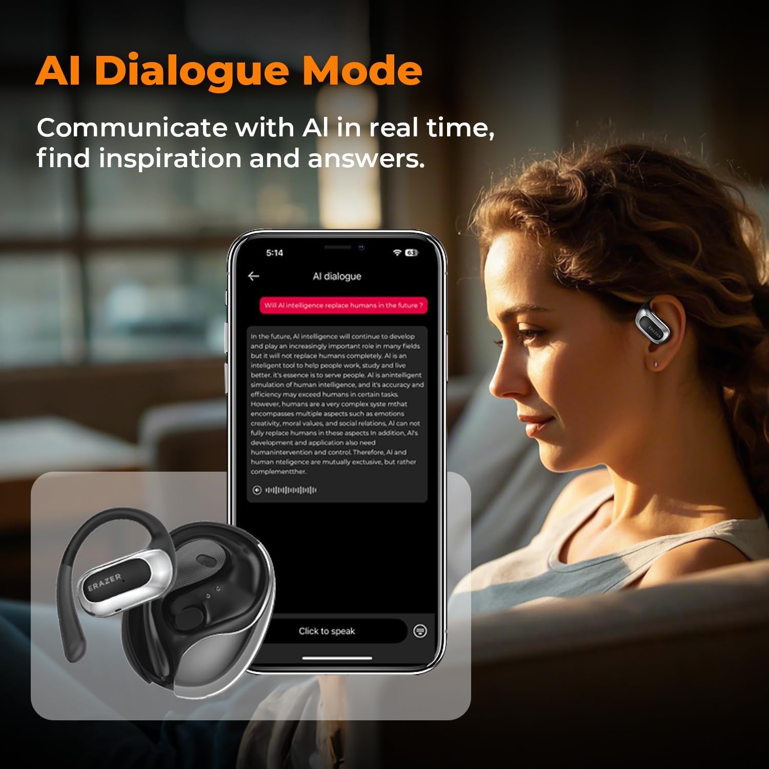 A woman using the AI Dialogue Mode on her phone with the ERAZER X5 earbuds, showing a conversation with AI.