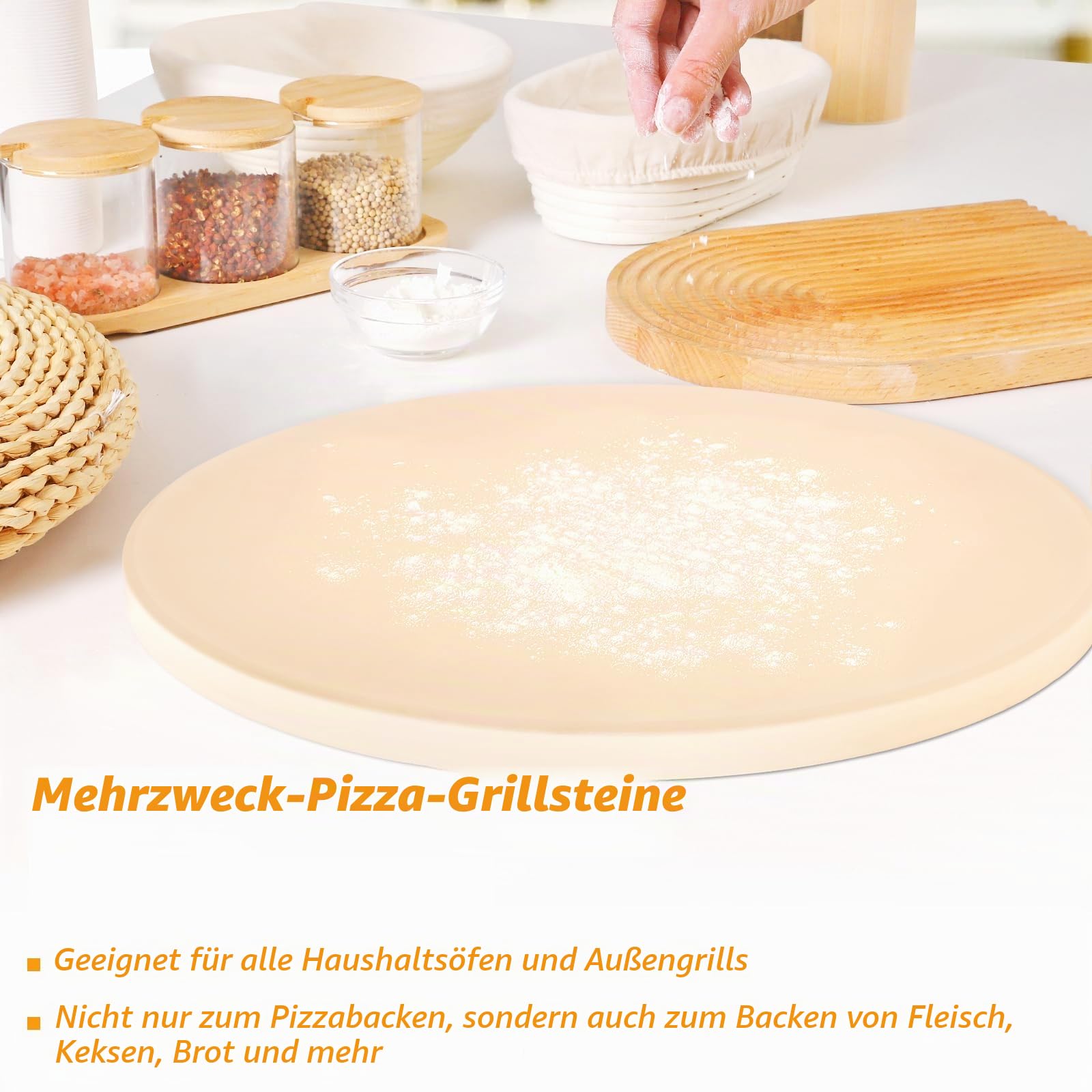 Pizzastein 5er Set, 38 cm Großes Runder Pizzastein für Backofen & Gasgrill & Außengrill mit Metall-Pizzaschieber & Pizzaschneider, 1,5 cm Verdickt Backstein für Backofen Brot