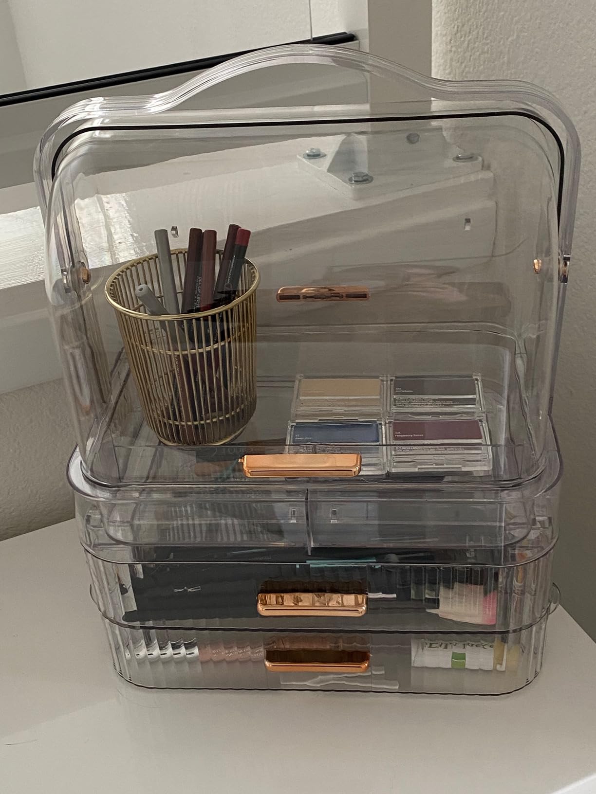 LINFIDITE Cosmetics Storage Box Transparent Lid Large Makeup Organizer Box Drawers Portable Handle Waterproof Dustproof Skincare Display Cases for Countertop, Bathroom, Dresser,Gift Clear Green