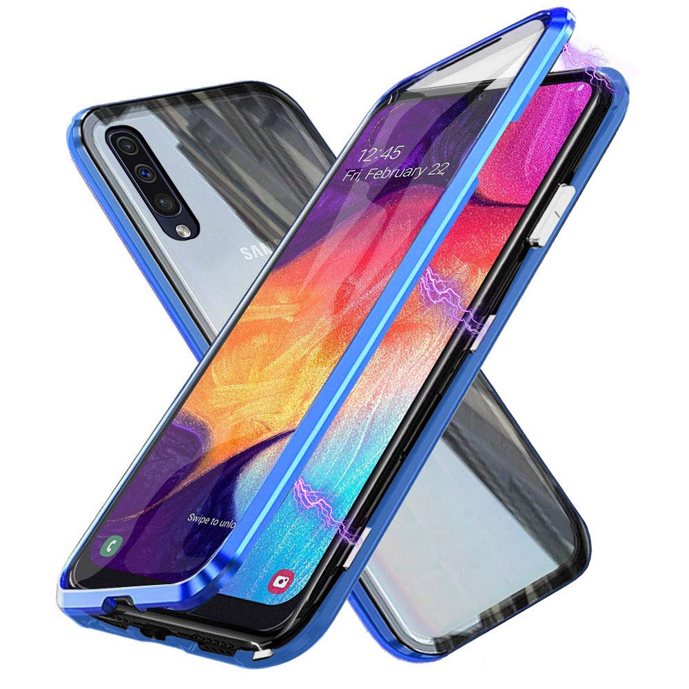 Case Samsung Galaxy A50 Magnetic Cover, Magnetic Adsorption Technology Metal Frame Case Aluminum [Front Back 9H Tempered Glass]360° Full Protection Ultra Slim Case for Samsung Galaxy A50 - Blue