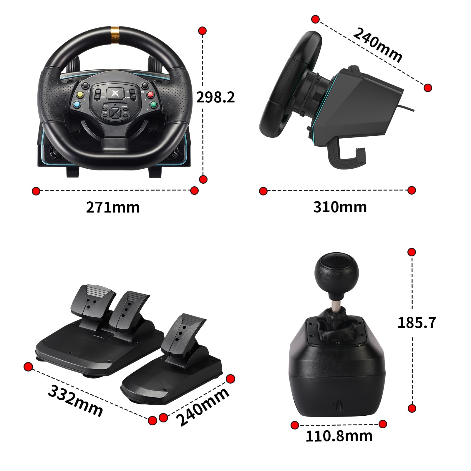 DOYO Gaming Lenkrad mit Pedalen und Schalthebel, 1080° Driving Force Gaming-Rennrad, 6+1H-Schalthebel, Lenkrad für PC, PS4, PS3, Switch