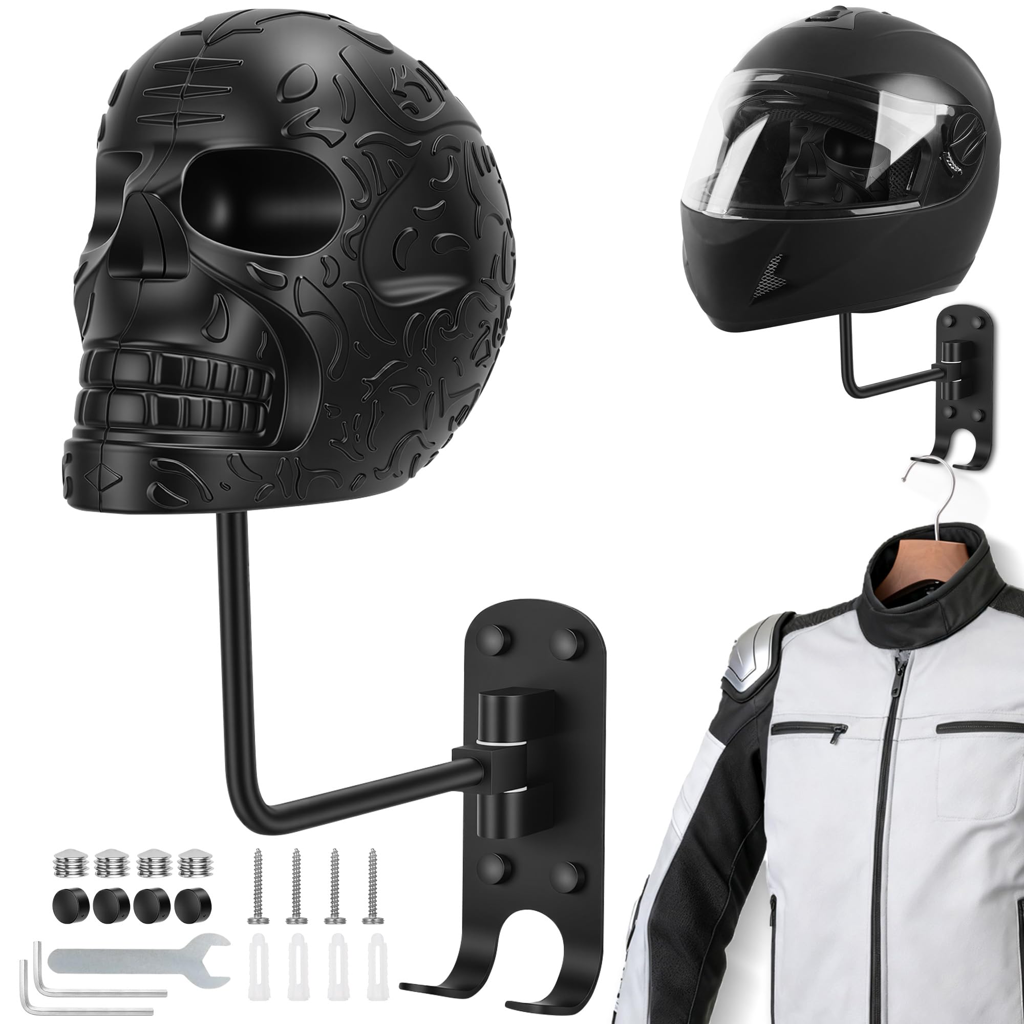 Support Casque Moto, Porte Casque Moto Mural Squelette, Tête de Mort Métal Rotation à 180°, Support Crochet Organisateur Mural pour Ranger Vos Équipements de Moto, Football, Rugby, Noir