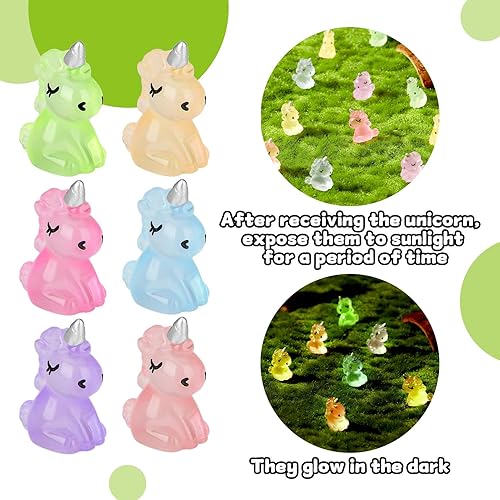 Miniatura 4 de Fuyamp 60 piezas luminosas de unicornio miniatura de resina que brilla en la oscuridad, adornos de unicornio diminutos para jardín, paisaje,