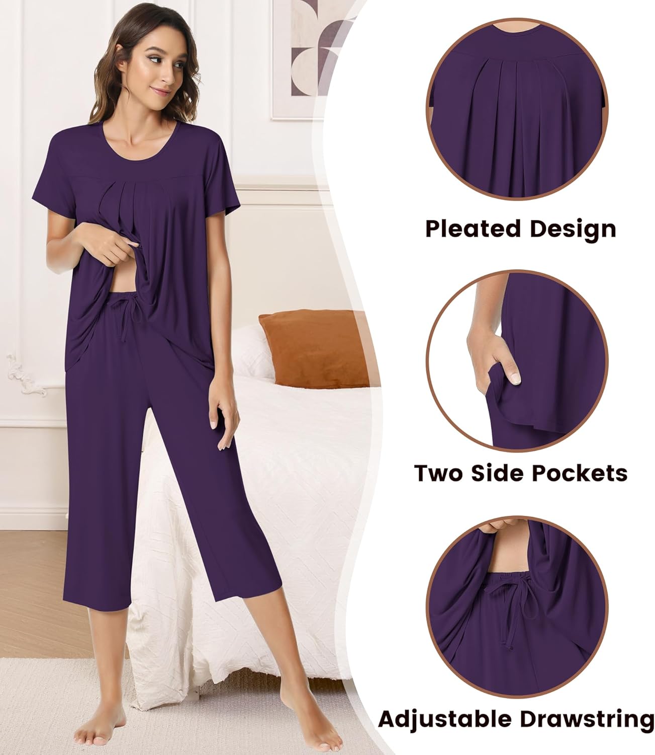 NACHILA Pajamas for Women-Viscose Made from Bamboo,Short Sleeve Sleepwear Cooling Pjs Top Ladies Soft Capri Pants Pajama Sets - Image 4