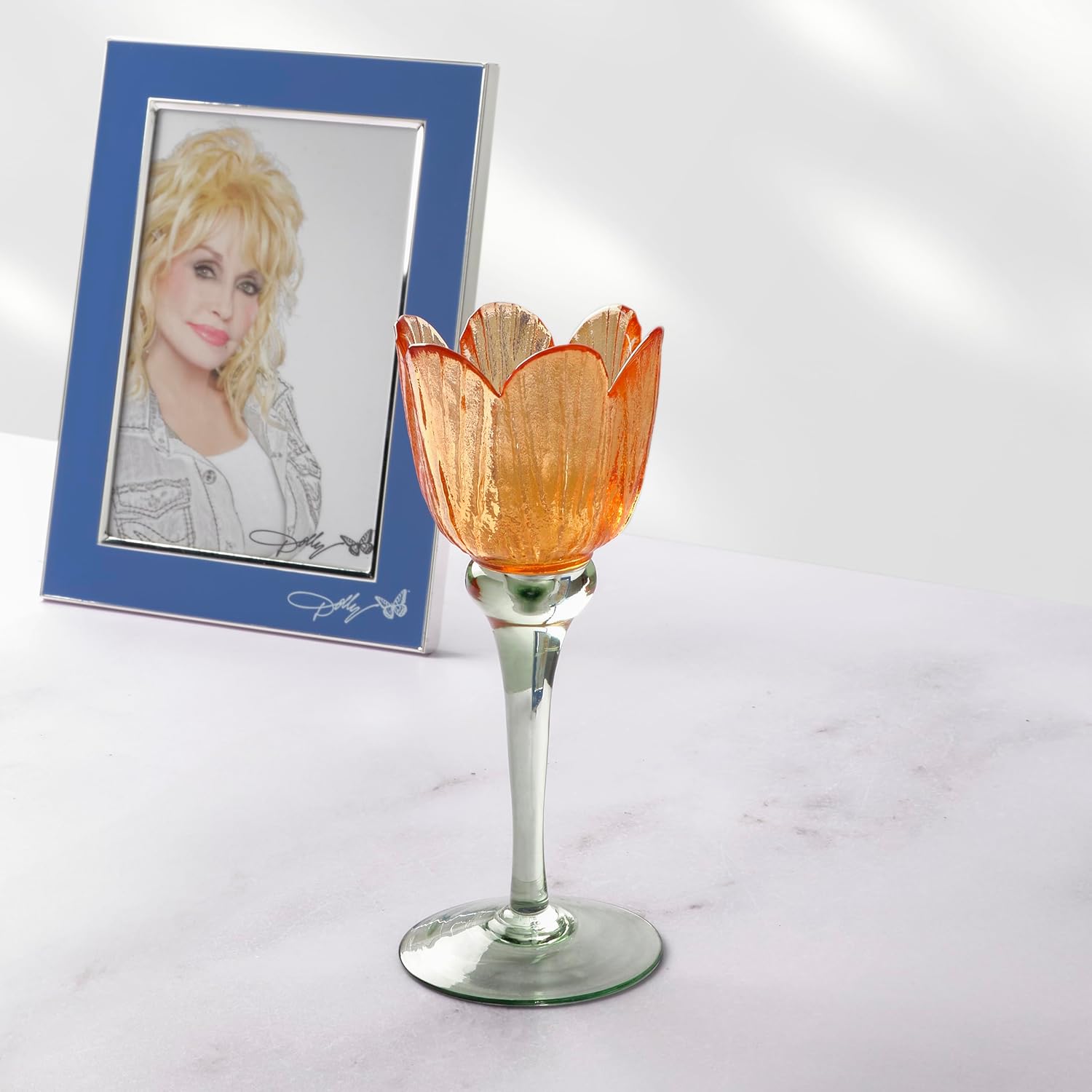 Dolly Parton Orange and Green Flower Shaped Glass Votive or Tealight Candle Holder, 3.14x3.14x7.67 Inch