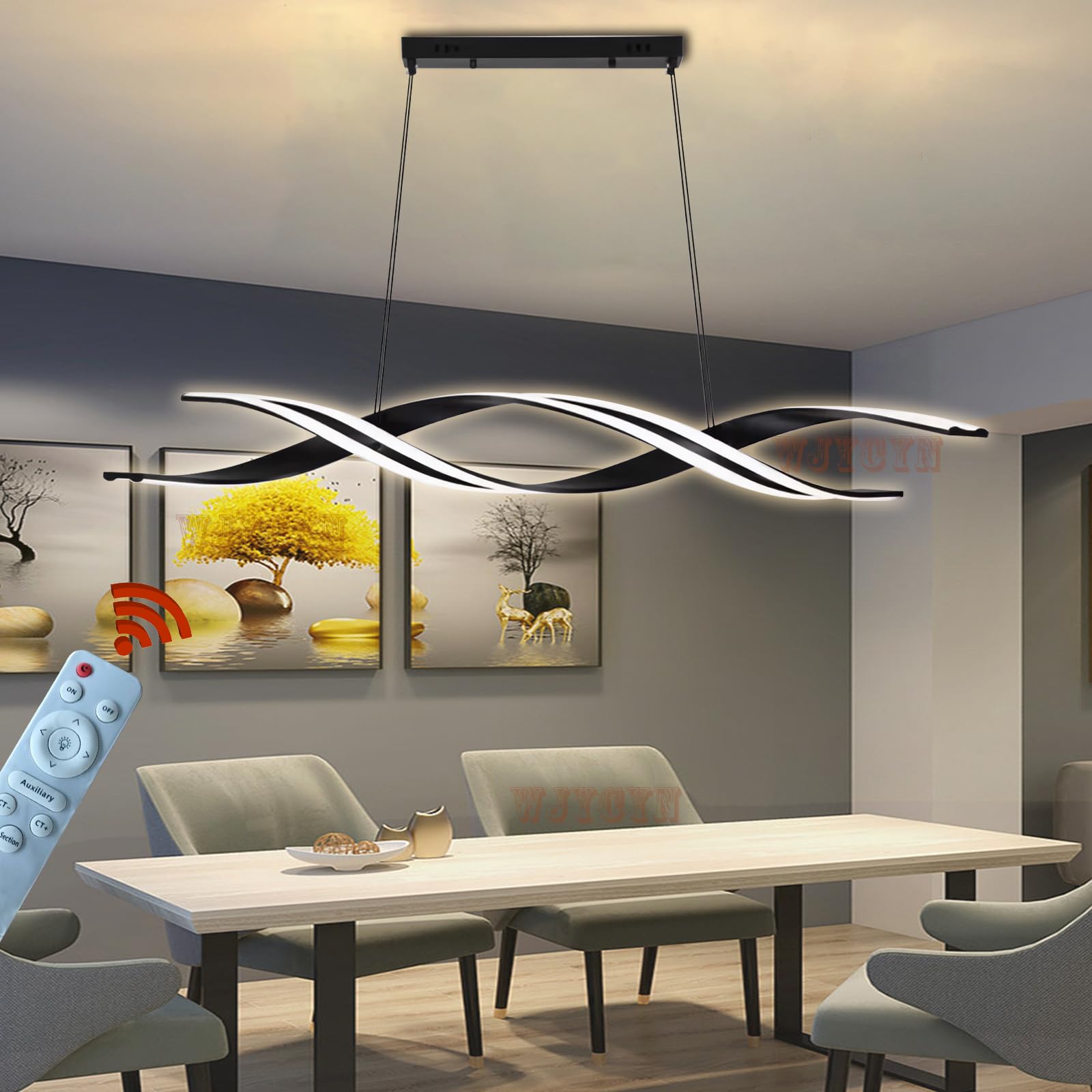 WJYCYN Spiral Modern Black LED Pendant Lights Dimmable L120cm Dining Room lamp Twist Creative Designs Height-Adjustable Dining Table Chandeliers Kitchen Office Bedroom Living Room Lighting 78W 6400LM
