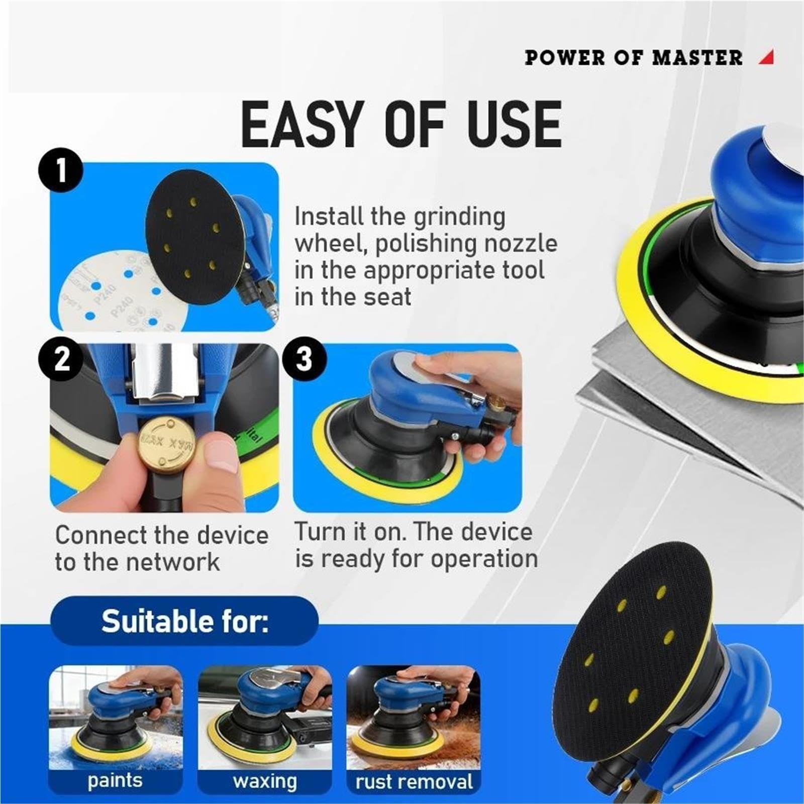 Máquina de lijado neumática, modelo recolección polvo lijadora pista aire azul 5 pulgadas y 150 mm para pulido encerado madera metal automóvil Industrial, Taller