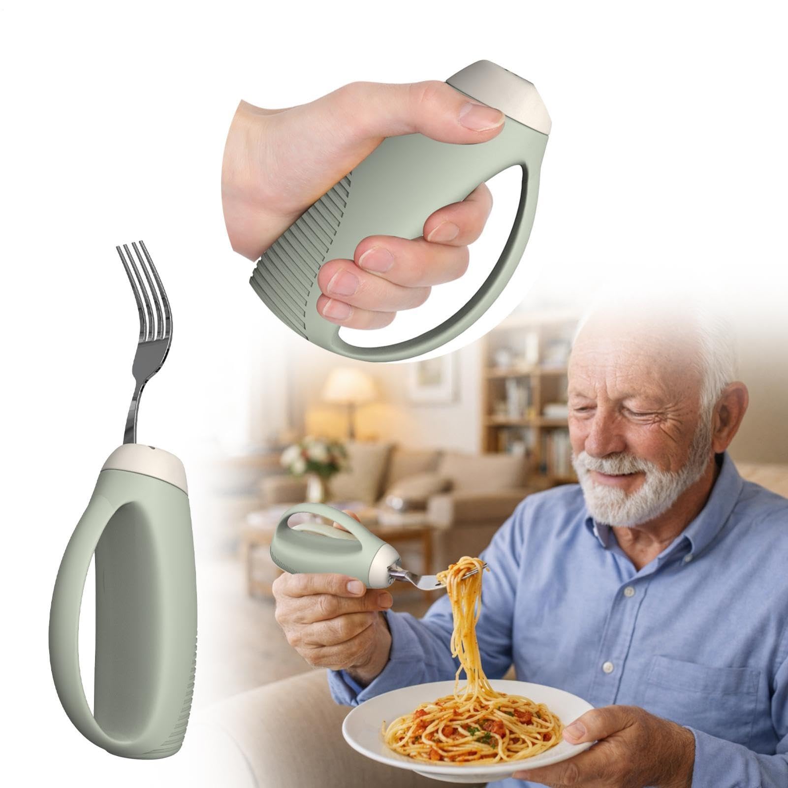 Juego de utensilios adaptativos, tenedor de cuchara de agarre antivibración, herramienta de soporte de mano débil, kit de dispositivo de alimentación de rehabilitación, 125 mm x 75 mm, cubiertos de
