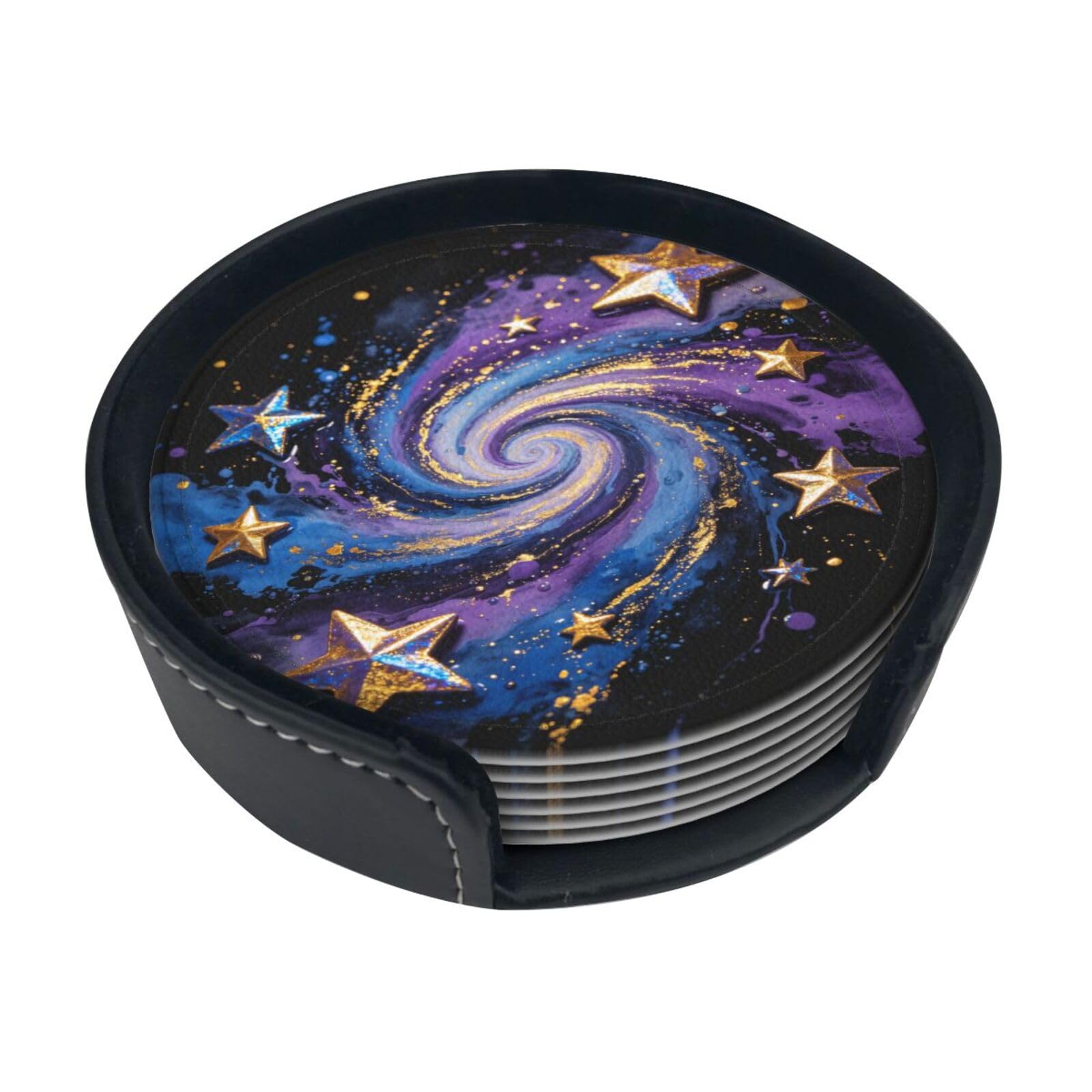 Ink Splatter Star Leather Coasters-Set of 6 with Storage Holder