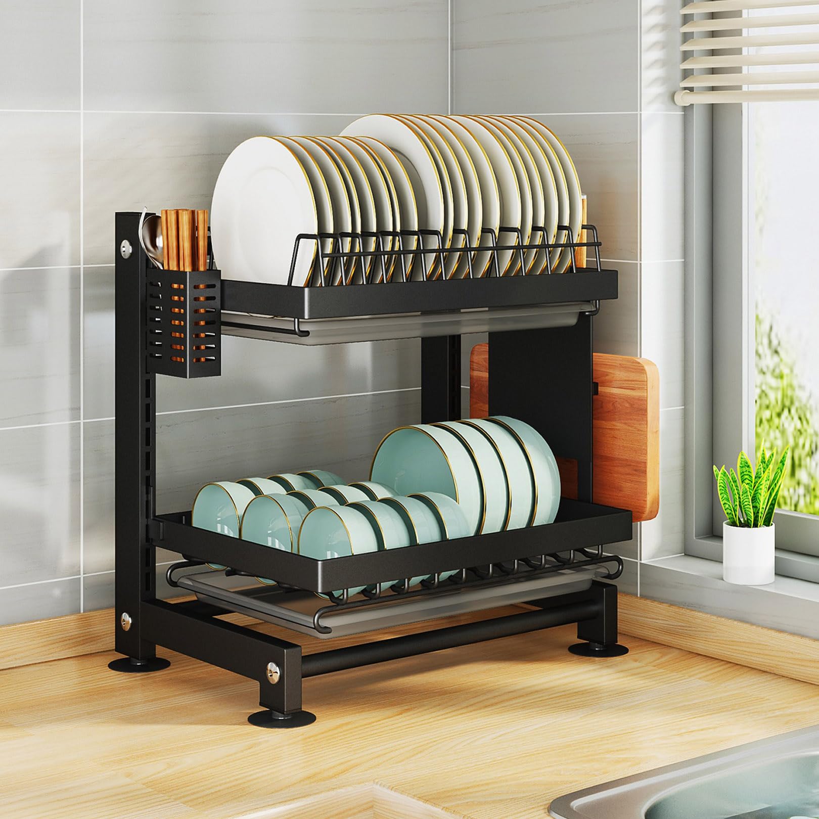 TYUHDUYUR Kitchen Dish Rack Dish Drying Rack, 2 Tier Dish Drainer with Drip Tray Cup Holder, Dish Rack with Utensil Holder, Large Capacity for Kitchen Countertop Saving Space Kitch