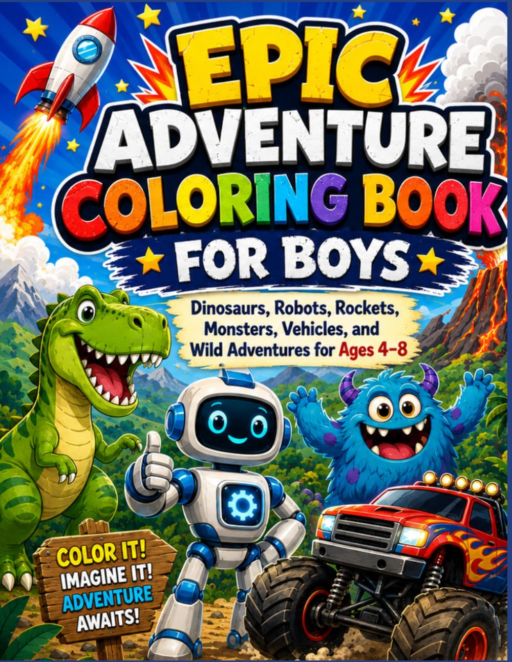 Epic Adventure Coloring Book for Boys: Dinosaurs, Robots, Rockets, Monsters, Vehicles, and Wild Adventures for Ages 4-8