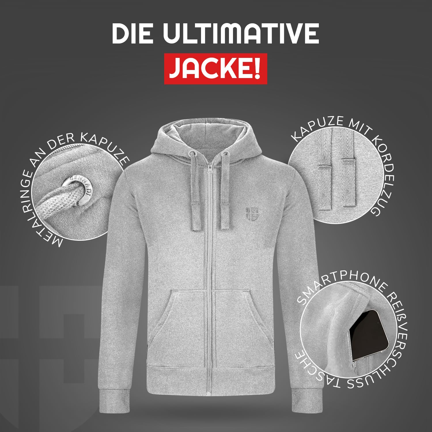 Herren Sweatjacke Kapuzenjacke mit Baumwolle Sport & Freizeitjacke