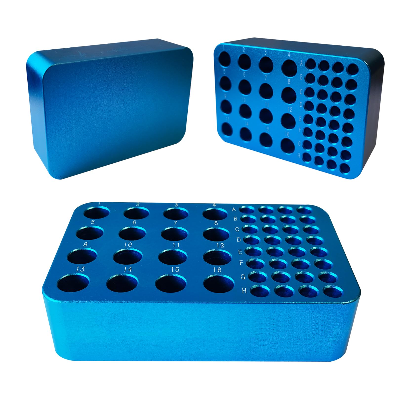 Estante de tubo de centrífuga de aluminio para PCR, caja de hielo de metal a baja temperatura, para tubo centrífugo de 1,5 ml o 2,0 ml y tubo de PCR de 0,2 ml (48 pozos, azul)