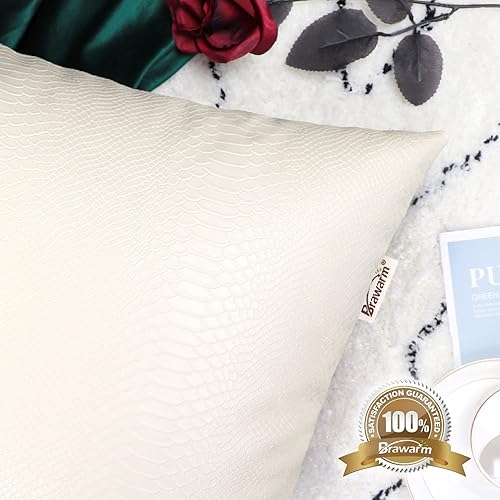 Miniatura 5 de BRAWARM Almohadas de cuero blanco marfil de 12 x 20 pulgadas, fundas de almohada de piel de serpiente, paquete de 2 fundas de almohada lumbares