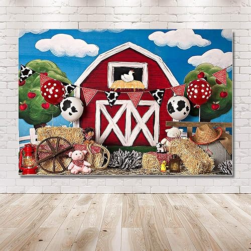 Miniatura 5 de MEHOFOTO - Fondo de cabina de estudio fotográfico de granero rojo de granja, animales rústicos, césped verde, cielo, decoración de fiesta de