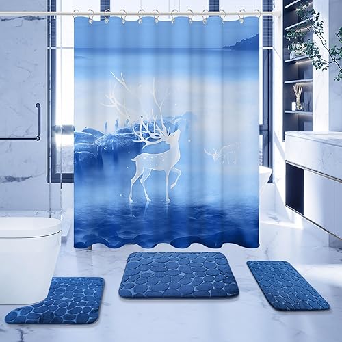 Navy Blue Bathroom Sets with Shower Curtain and Memory Foam Bathroom Rugs and Non Slip U Shaped Toilet Rugs Shower Curtain Set 4 Piece for Perfect