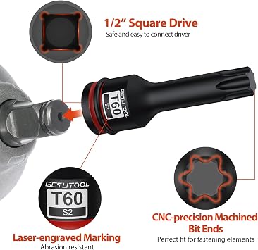 GETLITOOL 8PCS 1/2 Impact Torx Bit Socket Set with Storage Case T30-T80 | S2 Steel Post Heat Treatment and Forging,Laser Size-marked for Easy to Identify,Ideal for Car Repair,Mechanical Maintenance